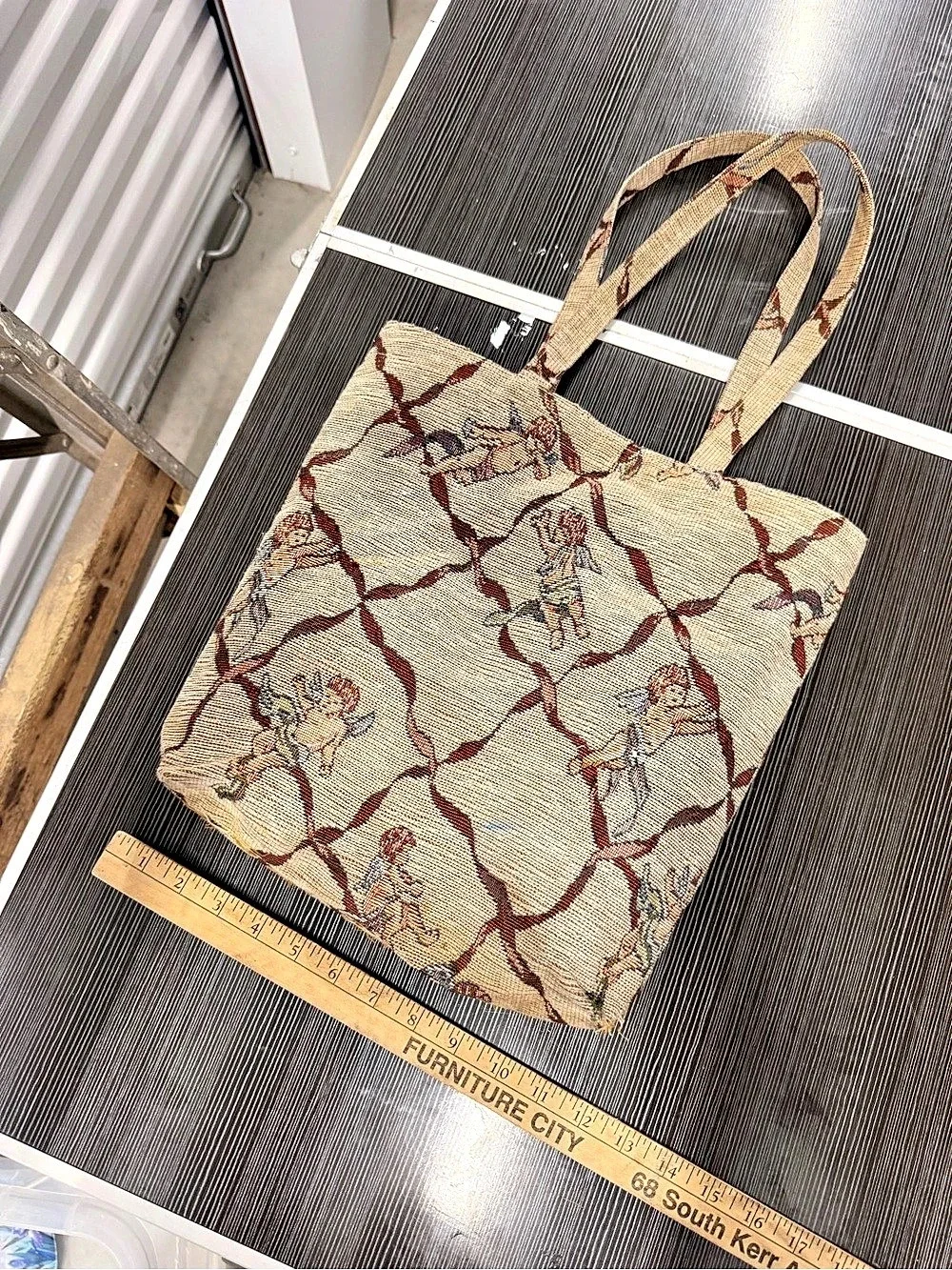 Vintage Cherub Tapestry Tote Bag in Beige & Brown